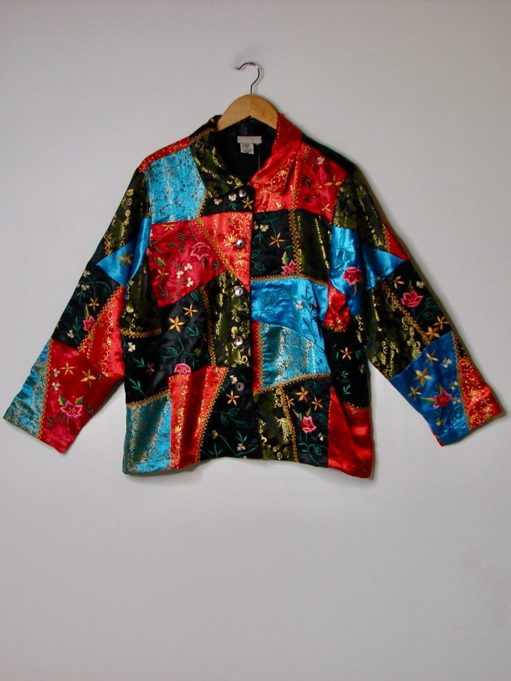 Satin Patchwork Jacket Top Floral Embroidered Oriental Multi Colour NEW NWT XL